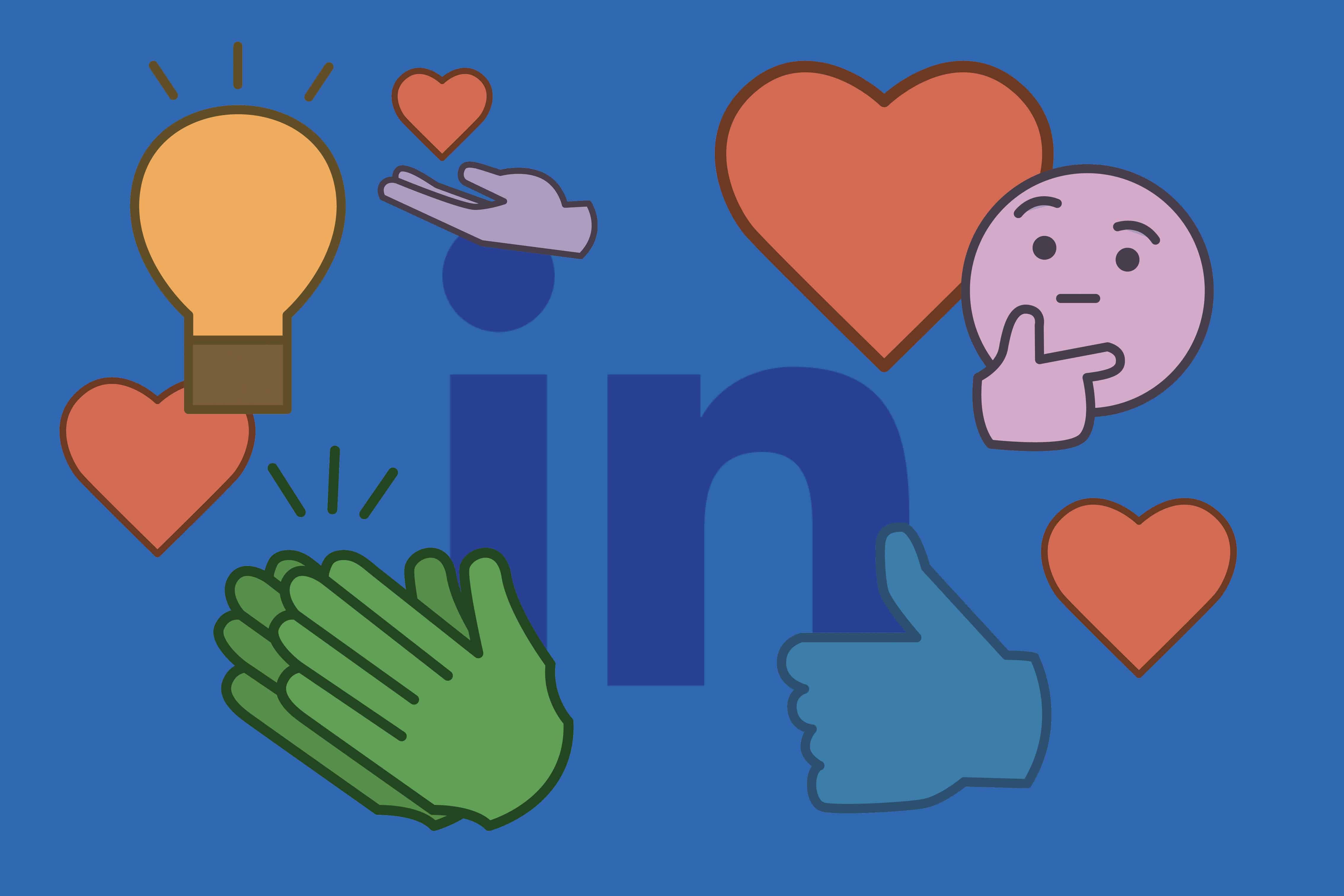 Das LinkedIn Icon umgeben von verschiedenen Reaktion-Emojis auf blauem Grund