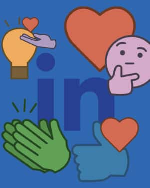 Das LinkedIn Icon umgeben von verschiedenen Reaktion-Emojis auf blauem Grund