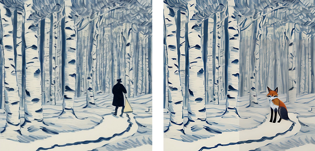 Zwei Bilder, links mit einem Mann, der im Wald steht, rechts – nach dem Inpainting – mit einem Fuchs