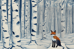 Das KI-generierte Bild eines Fuchses in einem verschneiten Birkenwald