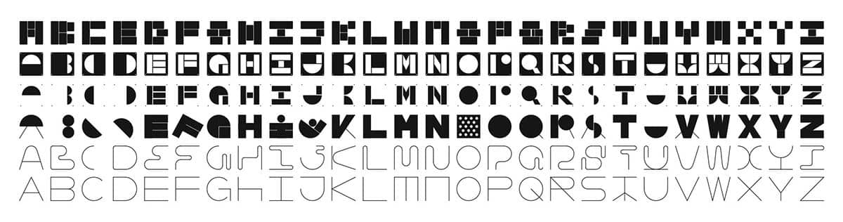 Eine Sammlung von sechs Schriftartenreihen, die das Alphabet in unterschiedlichen geometrischen Stilen darstellen. Jede Reihe zeigt Buchstaben A bis Z in verschiedenen Designs, von abstrakten Formen bis hin zu traditionellen Buchstabenformen, in schwarz auf weißem Hintergrund.