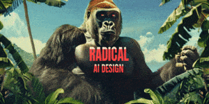 featuring a gorilla beating its chest tattooed in red with the words “Radical AI Design” embodied