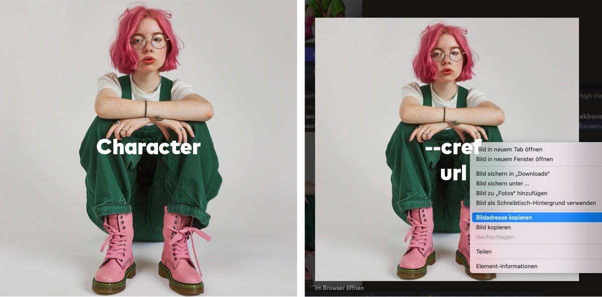 Zwei Bilder: Links das Portrait einer jungen Frau mit pinken Haaren und grünem Overall. Rechts dasselbe Bild mit einem Menü, in dem »Bildadresse kopieren« angewählt ist