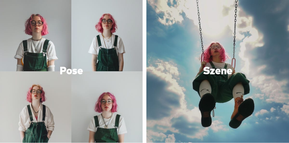 Zwei Bilder: links ein Bild der Frau mit den pinken Haaren in vier verschiedenen Ausführungen. Jedes Gesicht ist dabei leicht anders. Rechts ein Bild derselben Frau die auf einer Schaukel vor einem blauen Himmel schwebt