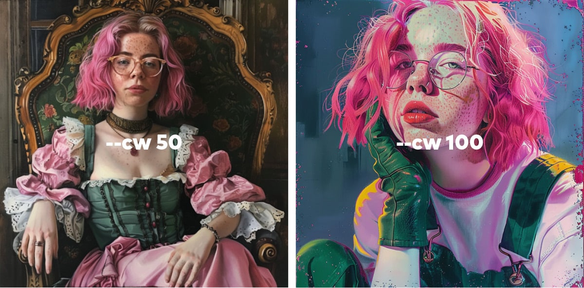 Zwei Bilder: Links die Frau mit den pinken Haaren in einem barocken Kleid vor einem ornamentalen Hintergrund. Rechts dieselbe Frau aber in einem anderen Illustrationsstil mit futuristischem Licht und in ihrem gewohnten Overall