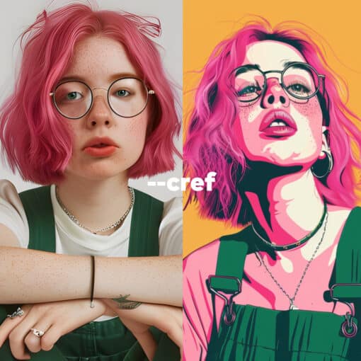 Zwei Bilder: Links ein Bild einer jungen Frau mit pinken Haaren. Rechts das Bild in einem knalligen Pop Art Stil mit leicht anderer Pose