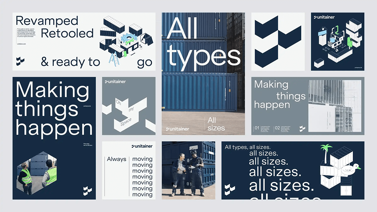 Grafikdesign-Sammlung mit dem Thema "Revamped, Retooled & ready to go" und "Making things happen" für das Unternehmen Unitainer, inklusive isometrischer Containerillustrationen und Fotografien mit Containermotiven.