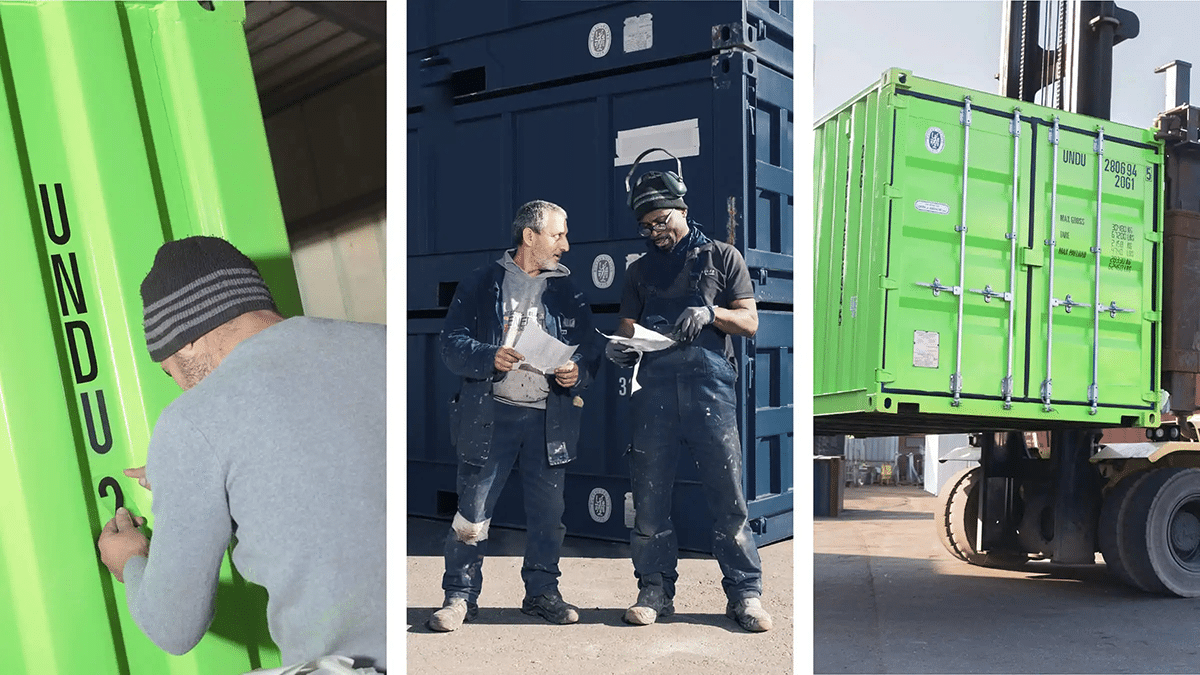 Drei Fotos von Arbeitern in Sicherheitswesten bei verschiedenen Aktivitäten rund um grüne und blaue Lagercontainer.