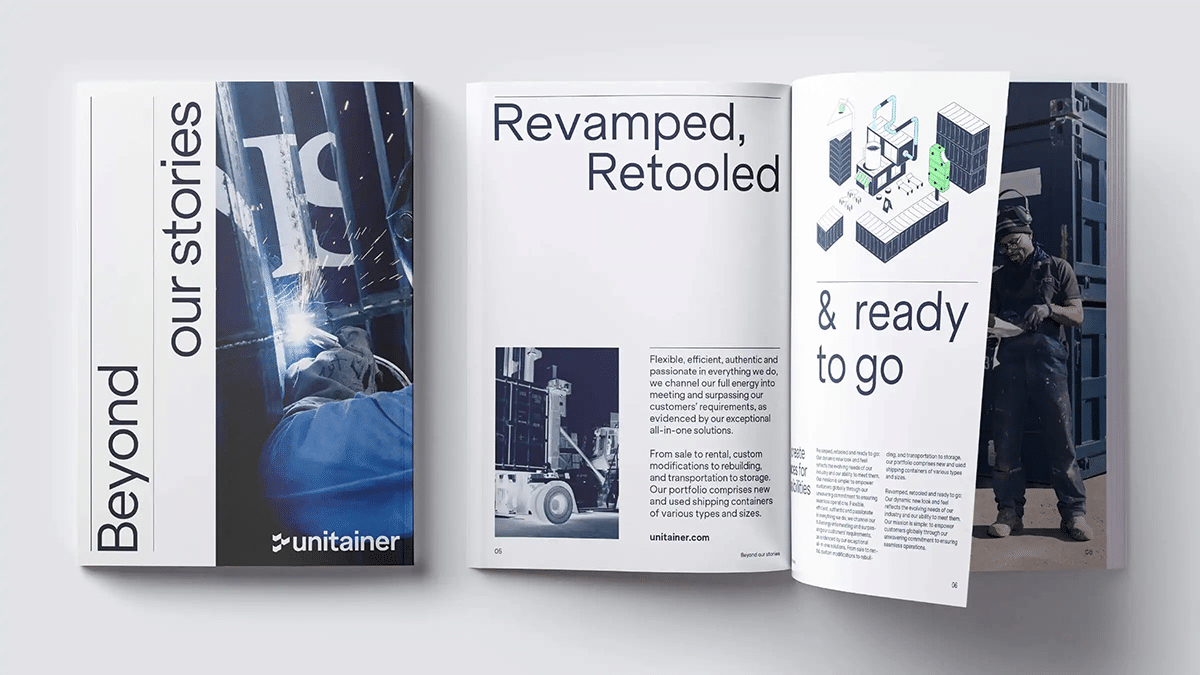 Offenes Magazin mit Geschichten über das Unternehmen Unitainer, mit Titel "Beyond our stories" und den Artikeln "Revamped, Retooled & ready to go
