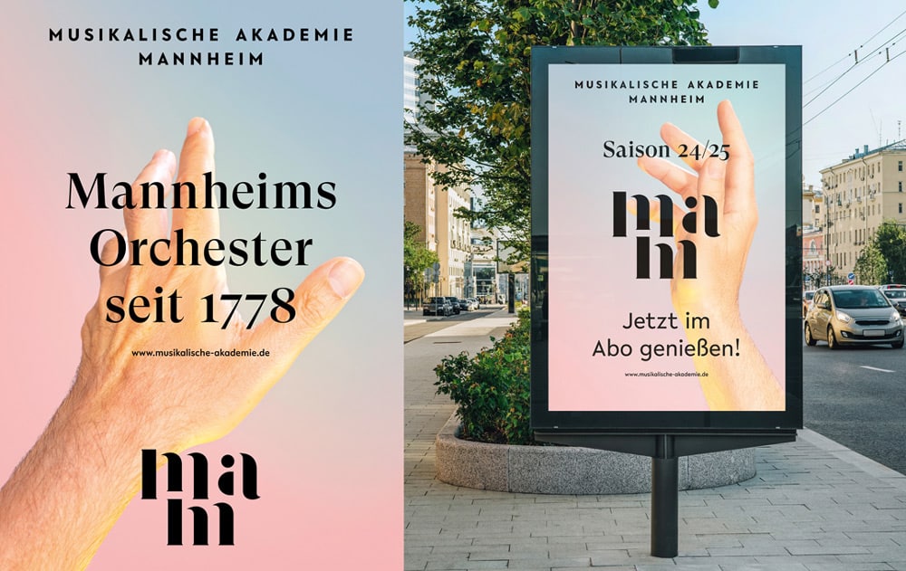 Agenturporträt Büro Schramm für Gestaltung, Musikalische Akademie Mannheim, Corporate Design, Fotografie und Saisonkampagne für ein klassisches Orchester 