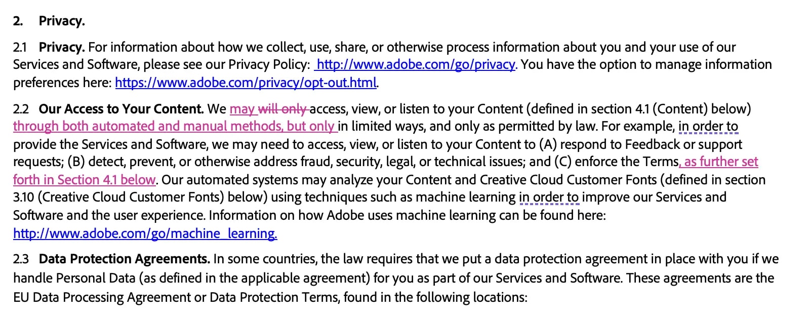 Adobe hatte die Änderungen der Terms of Use für die Nutzer:innen zusammengestellt