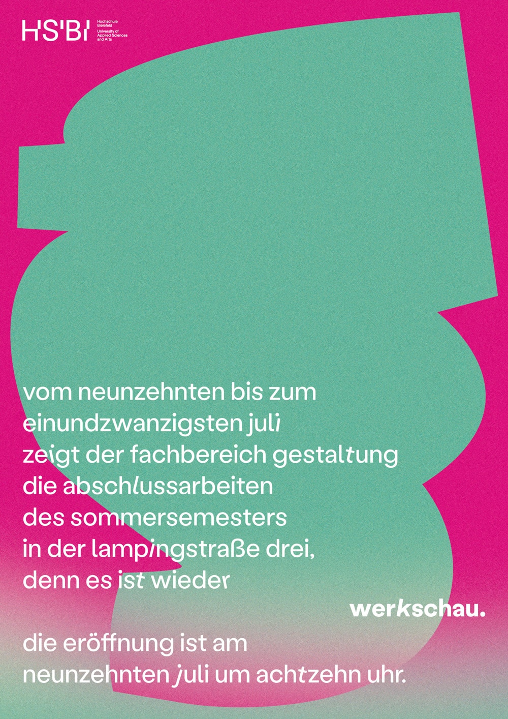 Key Visual der Werkschau an der Hochschule Bielefeld 2024, Plakat grün-pink