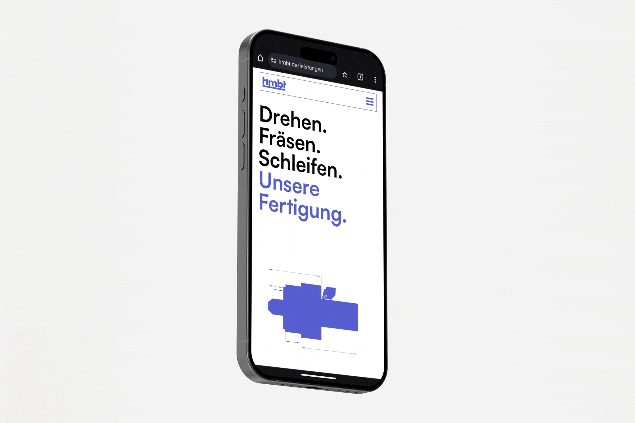 ein Handy Mockup mit einem blauen fräseteil und schlichter, großer Typo
