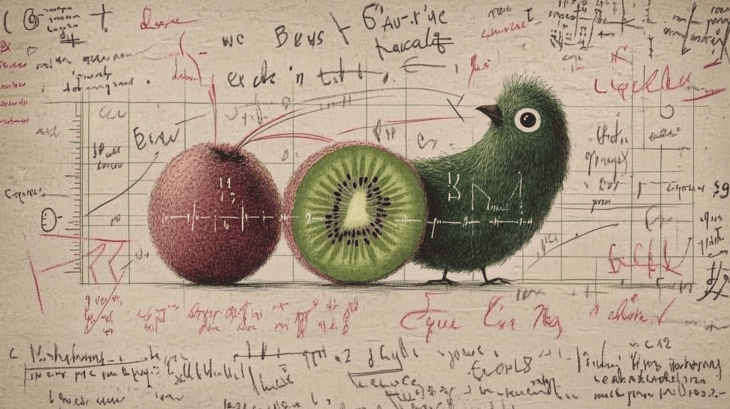 Technische Zeichnung eines Kiwi-Vogels mit einem birnenförmigen Körper, auf einem Hintergrund von mathematischen Formeln und Diagrammen.