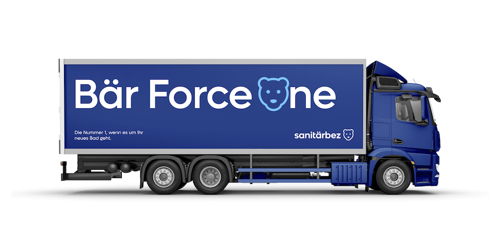 sanitärbez, Marken-Relaunch vom Designstudio Hochburg, Mock-up LKW mit Logo und Claim »Bär Force one«