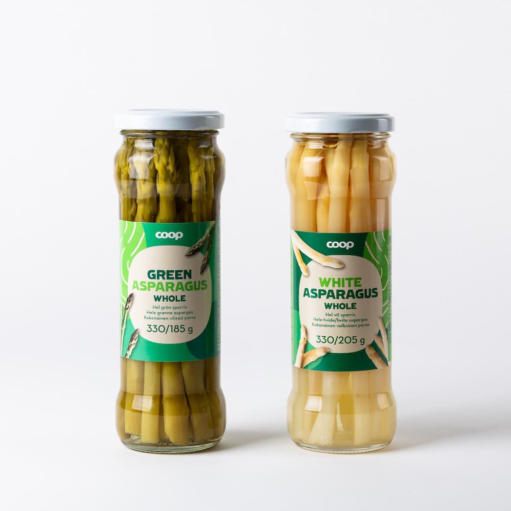 Neues Packaging-Design von Bedow für Coop-Marke, grüner und weißer Spargel aus dem Glas