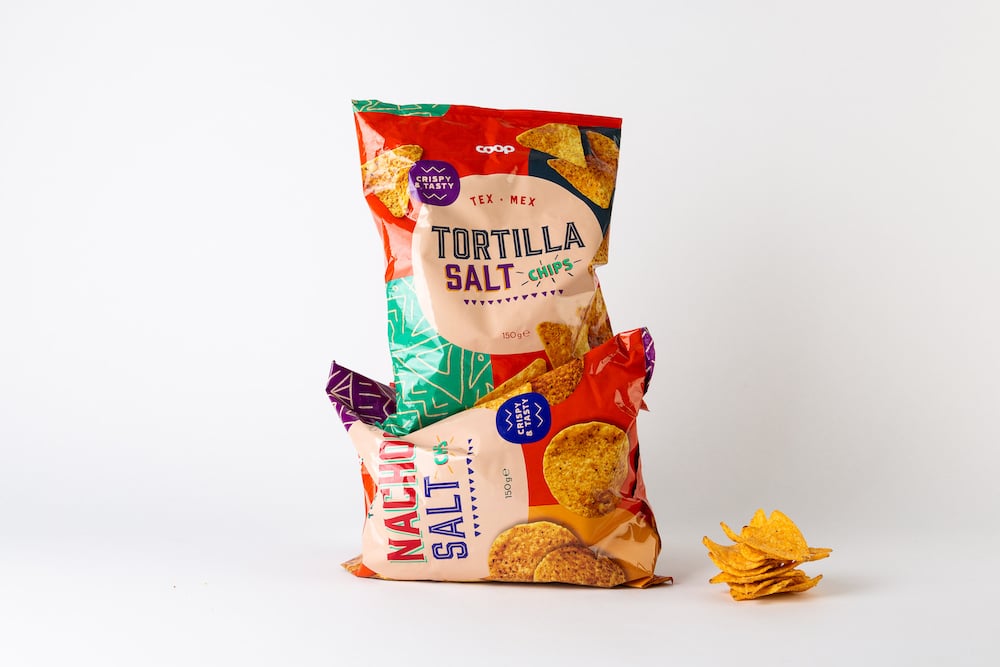 Neues Packaging-Design von Bedow für Coop-Marke, MEX TORTILLA SALT CHIPS