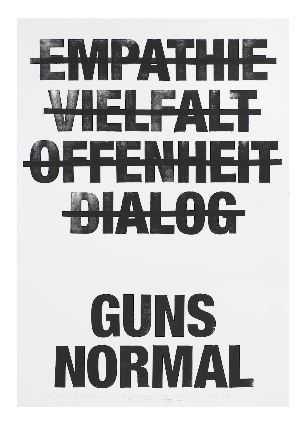 Artwork von Eike König, schwarz auf weiß gedruckt mit durchgestrichenen Gegriffen wie Empathie, Vielfalt, Dialog und nicht gestrichenen wie Guns Normal