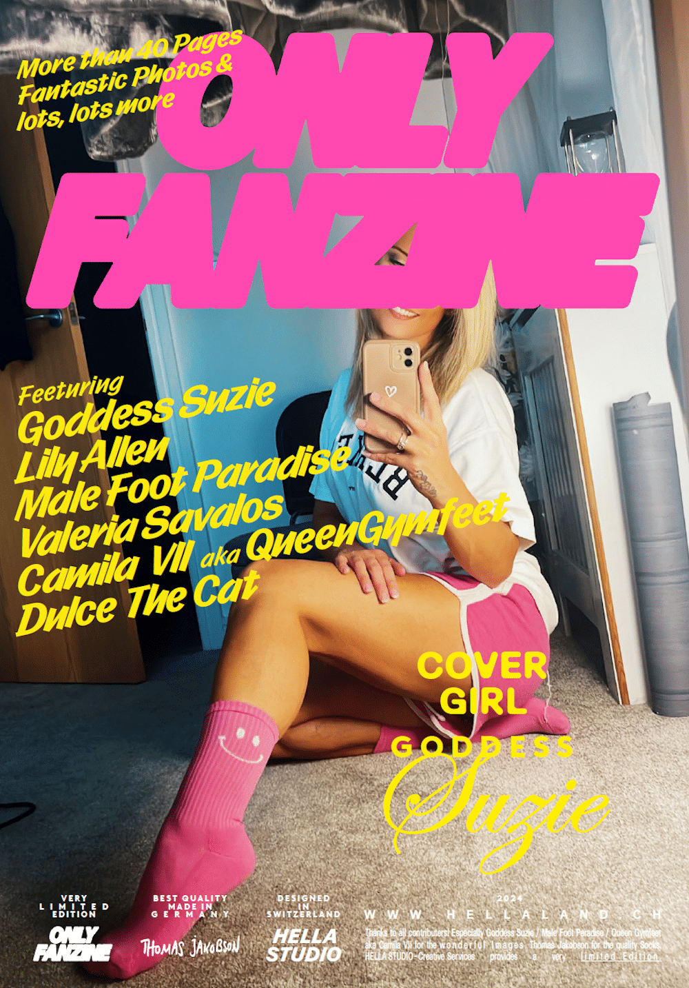 Cover des OnlyFanZine mit blondem Model mit rosa Socke, pinker und gelber Schrift