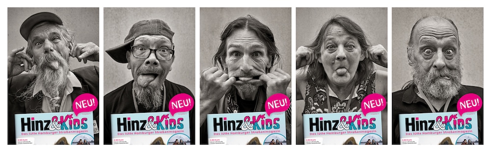 Hinz&Kids: Hamburger Straßenmagazin jetzt auch für Kinder und mit einer Kampagne, die in Schwarzweißfotografien Verkäuferinnen des Magazins zeigt, hier alle fünf Motive mit Männern und einer Frau, die Grimassen schneiden