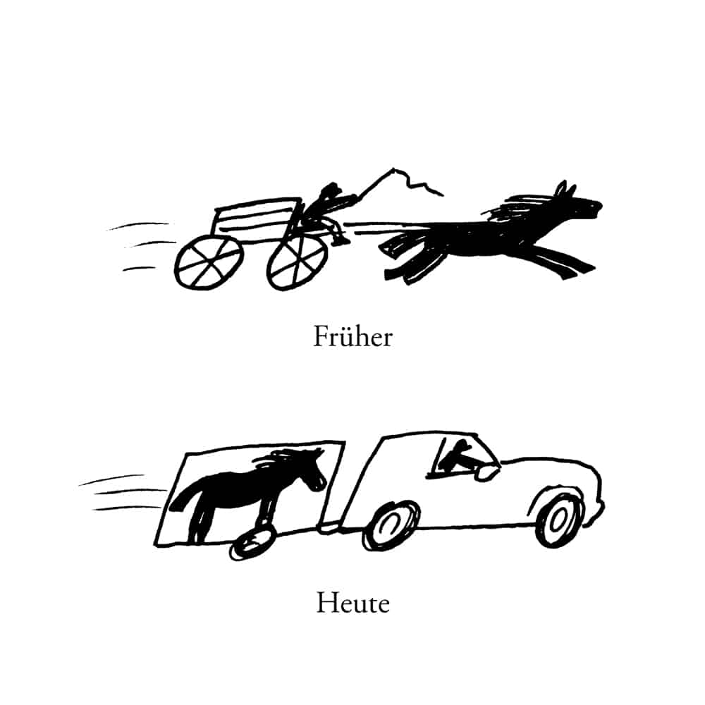 Porträt der Woche: Julian Fiebach. Illustrator, Comiczeichner, Cartoon Früher (Pferd vor Kutsche), Heute (Pferd im Pferdetransporter hinter einem Auto)