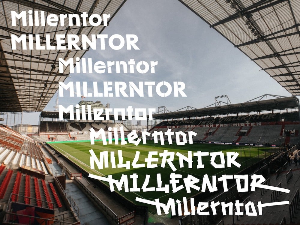 Stolzer Linksdrall: Karl Anders launcht Schrift für den Kultclub FC St. Pauli: Millerntorstadion mit verschiedenen Stilen der FC Sans Pauli im Vordergrund und in Weiß auf dem Bild
