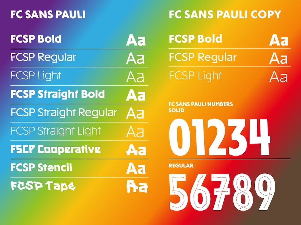 Stolzer Linksdrall: Karl Anders launcht Schrift für den Kultclub FC St. Pauli: FC Sans Pauli mit verschiedenen Stilen vor Regenbogenfarben-Hintergrund