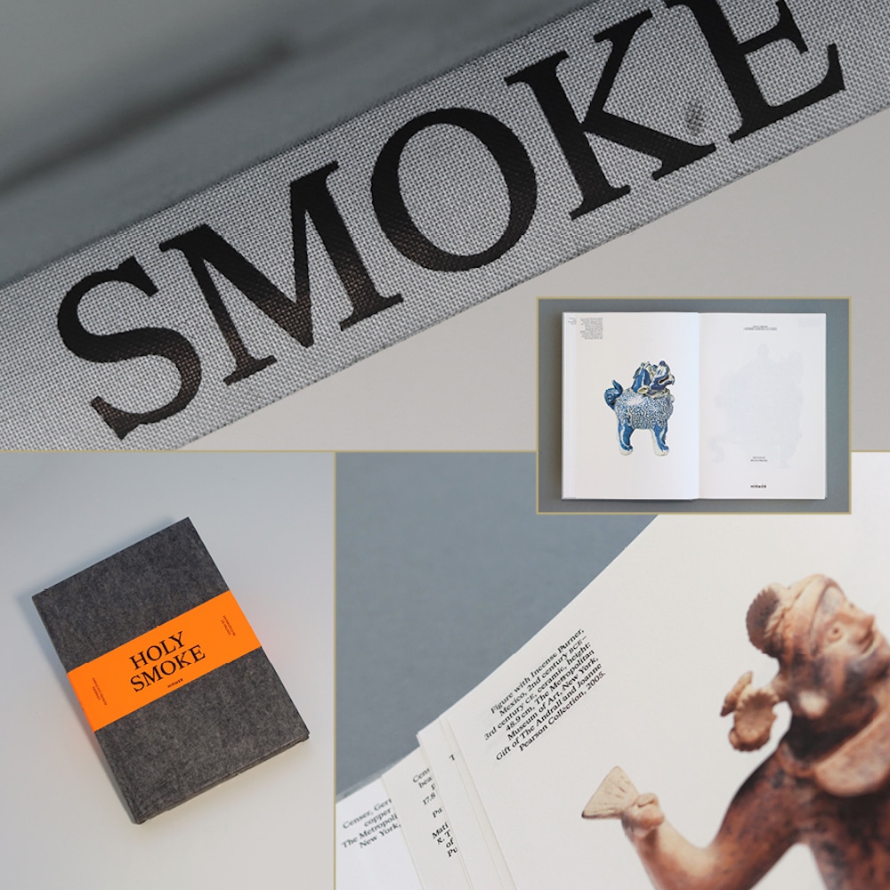 Das ist der Gewinner des Preises der Stiftung Buchkunst! Zu sehen sind Buchrücken, Cover und Innenseiten von »Holy Smoke«, arrangiert als Collage