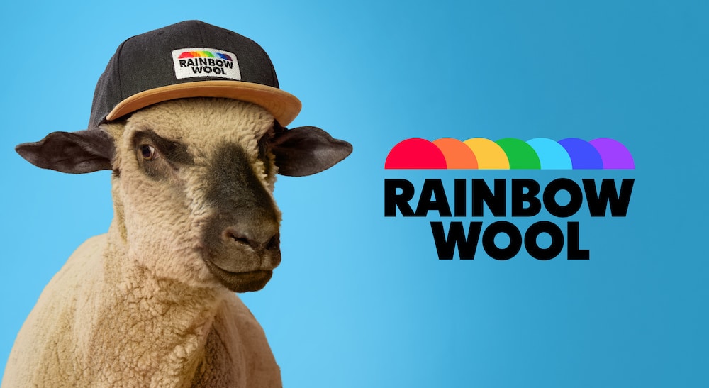 Schaf mit Rainbow Wool Cap auf dem Kopf und dem Rainbow Wool Logo daneben in Regenbogenfarben