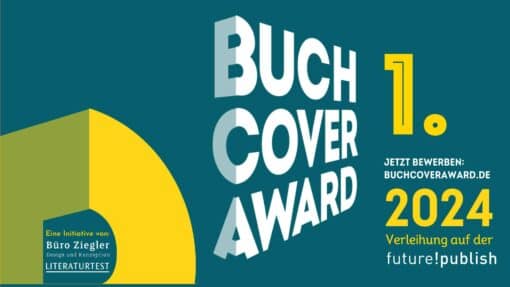 Eine gelb-grüne Grafik zeigt das Logo des Buchcover-Awards