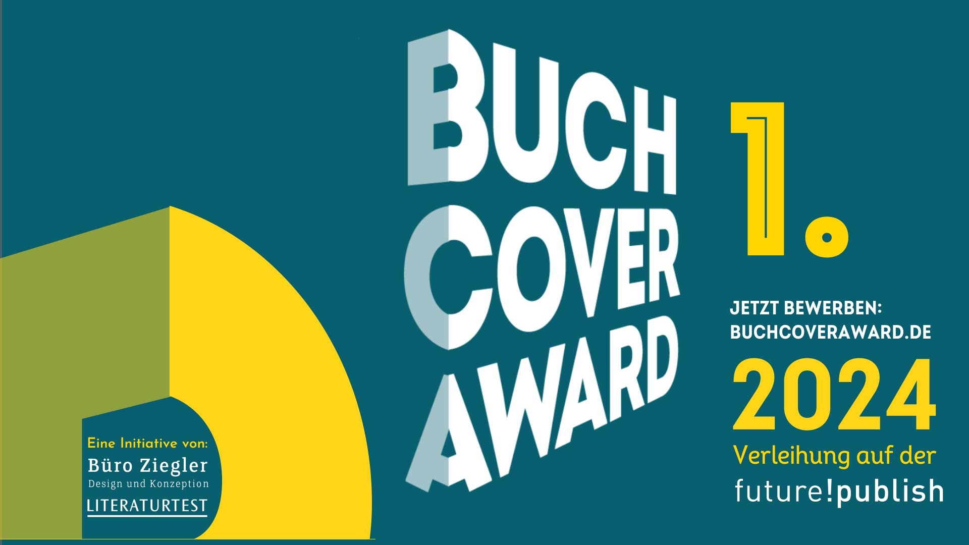 Eine gelb-grüne Grafik zeigt das Logo des Buchcover-Awards 