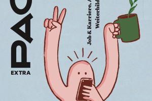 Cover des „PAGE EXTRA“ Booklets (Nr. 01/2026) mit hellblauem Hintergrund. Eine minimalistische Illustration zeigt eine Figur, die ein Smartphone hält, mit der anderen Hand ein Peace-Zeichen macht und eine Tasse mit einer Pflanze hochhält. Daneben steht der Text „Job & Karriere, Ausbildung, Weiterbildung, Studium“.