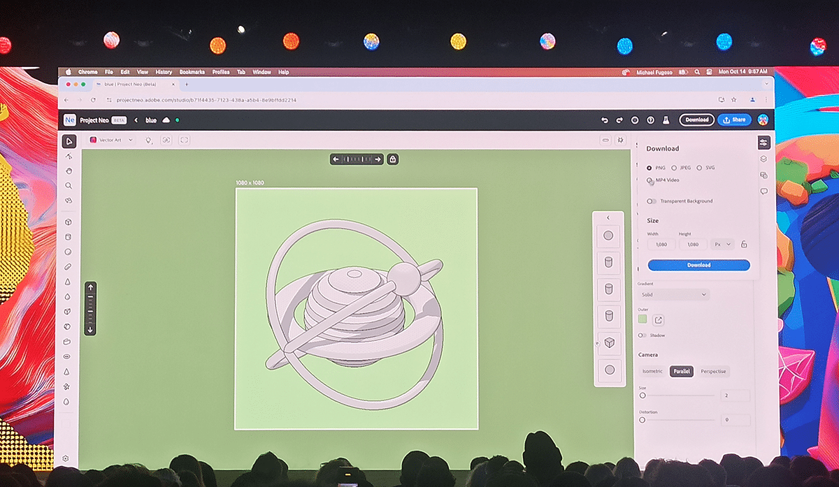 Eine große Leinwand zeigt eine 3D-Illustration eines Planeten mit Ringen, während die Zuschauer bei einer Adobe MAX Präsentation zuschauen. Oben sind bunte Scheinwerferlichter zu erkennen.