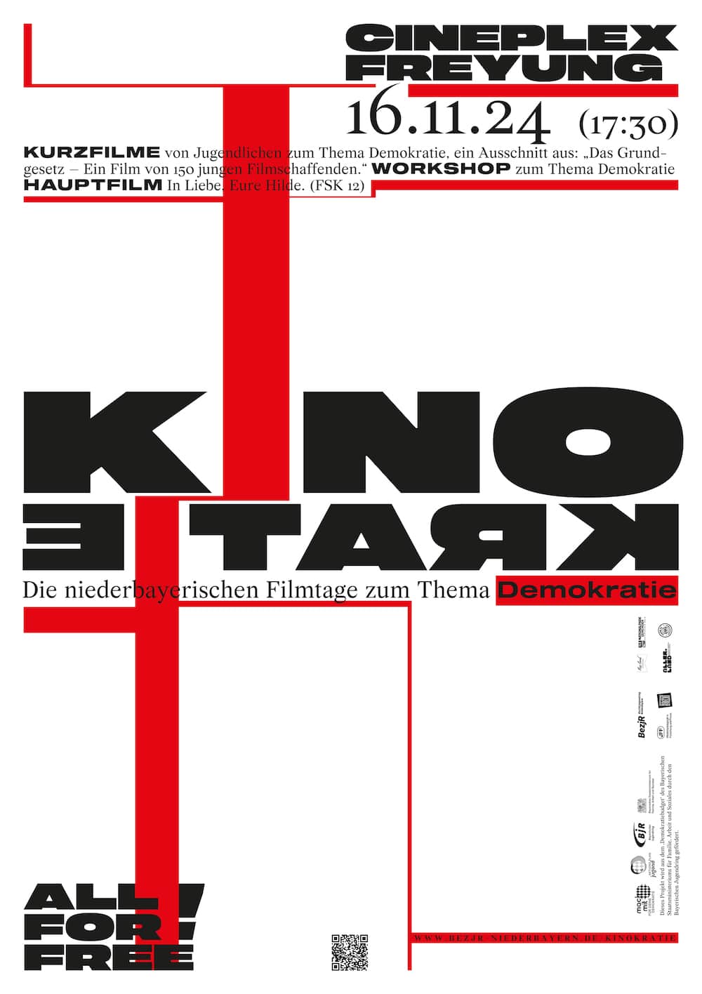 Plakat in Schwarz, Rot, Weiß und strengen geometrischen Linien für die Niederbayerischen Filmtage zum Thema »Kinokratie«