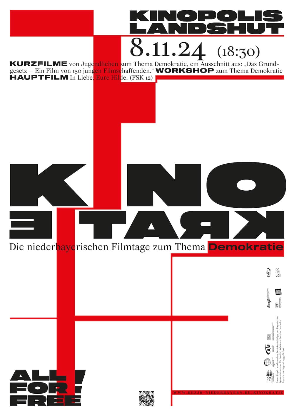 Plakat in Schwarz, Rot, Weiß und strengen geometrischen Linien für die Niederbayerischen Filmtage zum Thema »Kinokratie«