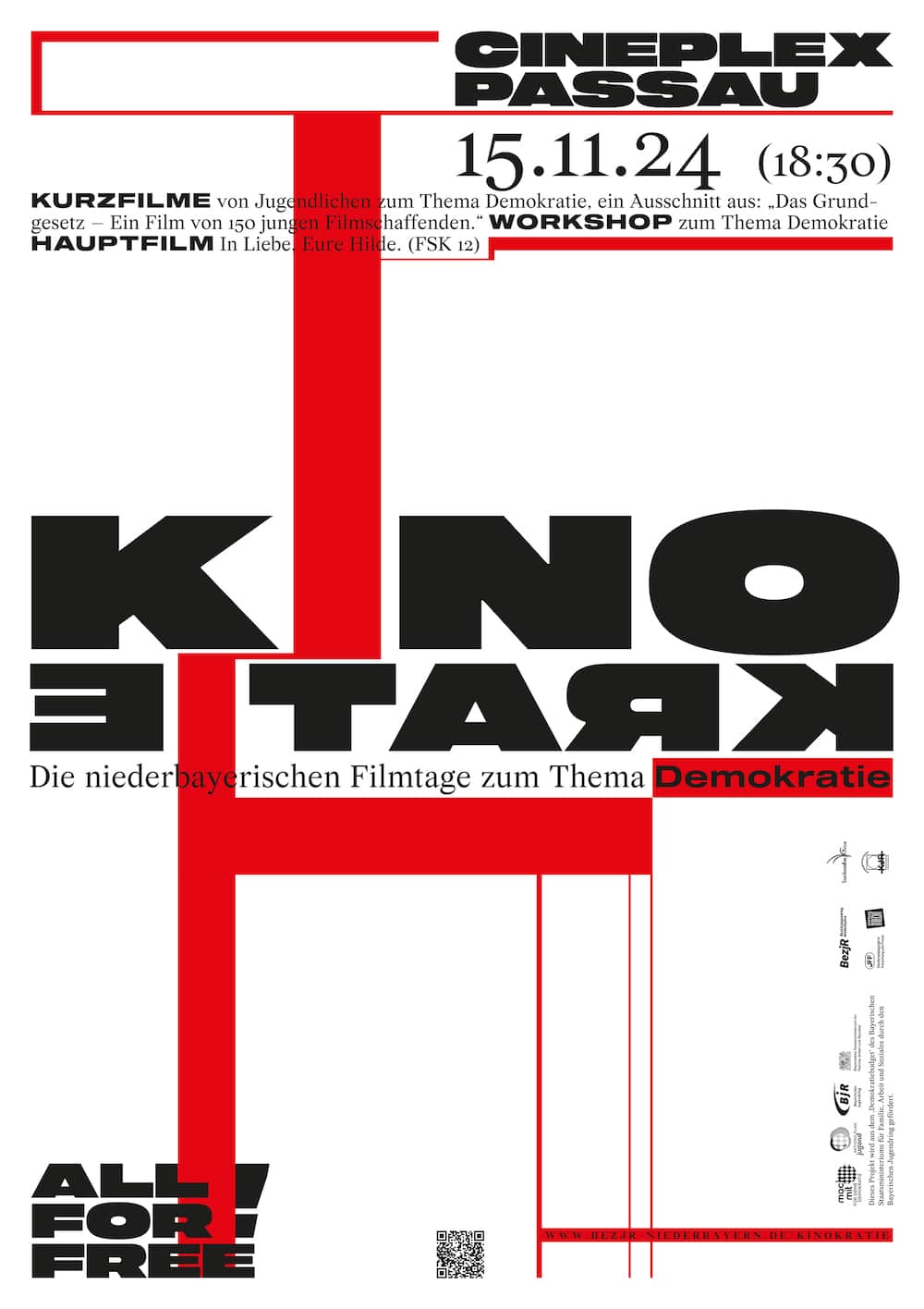 Plakat in Schwarz, Rot, Weiß und strengen geometrischen Linien für die Niederbayerischen Filmtage zum Thema »Kinokratie«