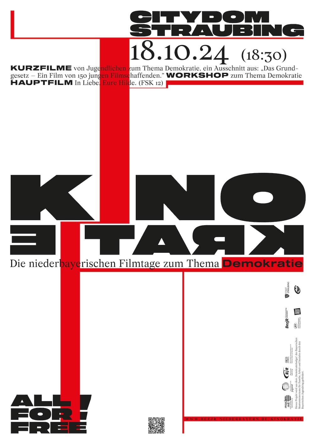 Plakat in Schwarz, Rot, Weiß und strengen geometrischen Linien für die Niederbayerischen Filmtage zum Thema »Kinokratie«