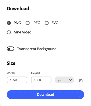 Download-Optionen für Grafikdateien mit Auswahlmöglichkeiten für PNG, JPEG, SVG und MP4-Video, inklusive Einstellung für transparenten Hintergrund und benutzerdefinierte Bildgröße.“