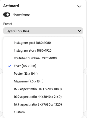 Einstellungsmenü für die Zeichenfläche mit verschiedenen Vorlagenformaten, darunter Instagram-Posts, Flyer, Poster und benutzerdefinierte Format