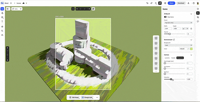 3D-Modellansicht eines kreisförmigen geometrischen Gebäudes in einer grafischen Bearbeitungssoftware, mit einer grünen und gelben Umgebung