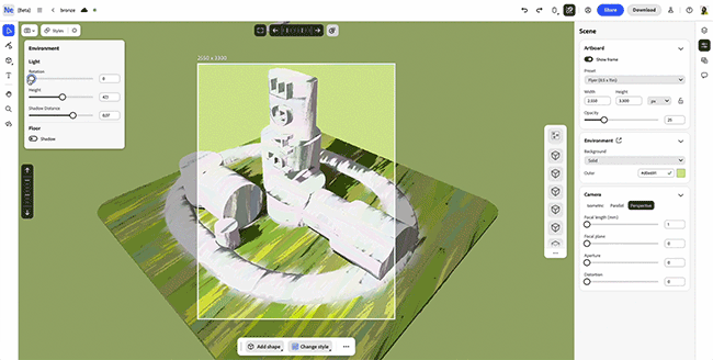 Bearbeitungsmenü eines 3D-Modells in einer kreativen Software, mit Anpassungsmöglichkeiten für Licht und Schatten