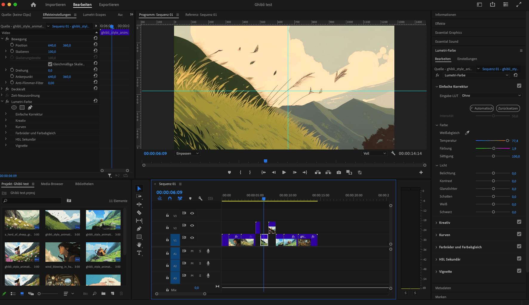 im interface von premiere pro sind alle videoclips hintereinander angeordnet und auf verschiedene längen zugeschnitten