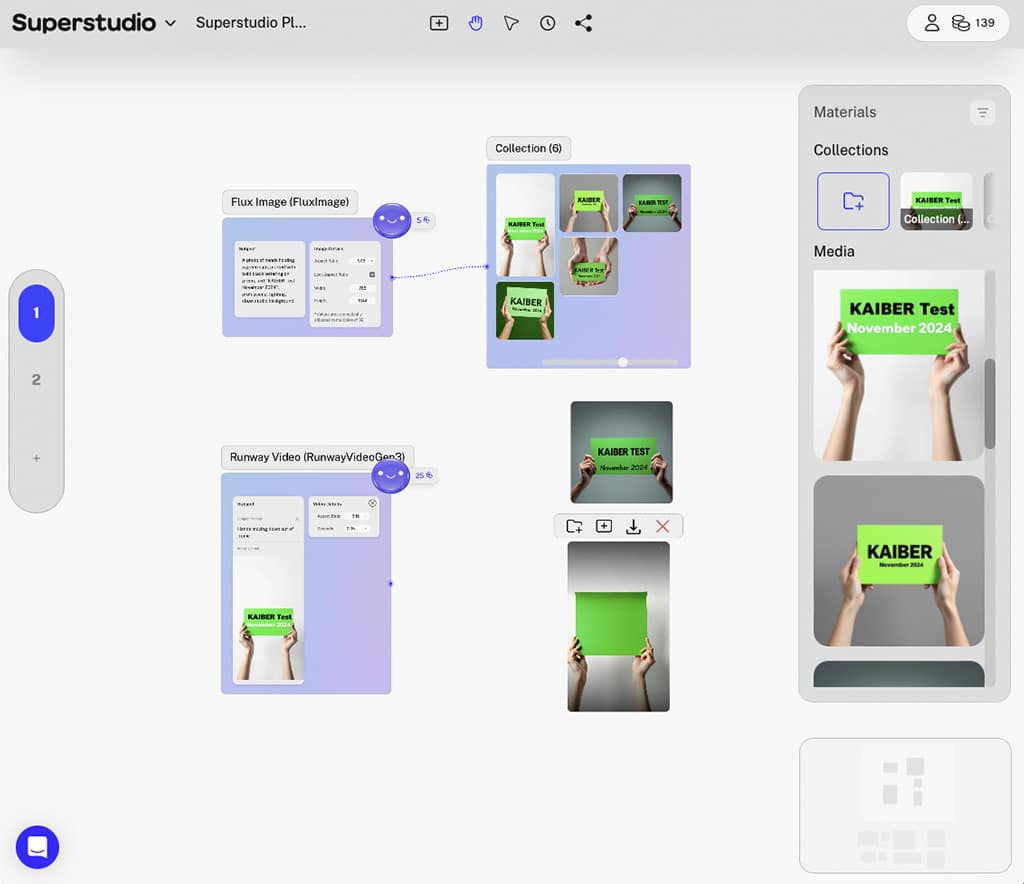 Superstudio-Interface mit einer Sammlung von Bildern, darunter Hände, die ein grünes Schild mit der Aufschrift "KAIBER Test November 2024" halten.