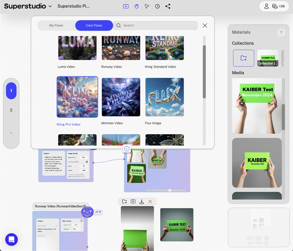 Superstudio-Benutzeroberfläche mit verschiedenen kreativen Flows wie "Luma Video", "Runway Video" und "Flux Image". Im rechten Bereich wird ein Bild von Händen gezeigt, die ein Schild mit "KAIBER Test November 2024" halten.
