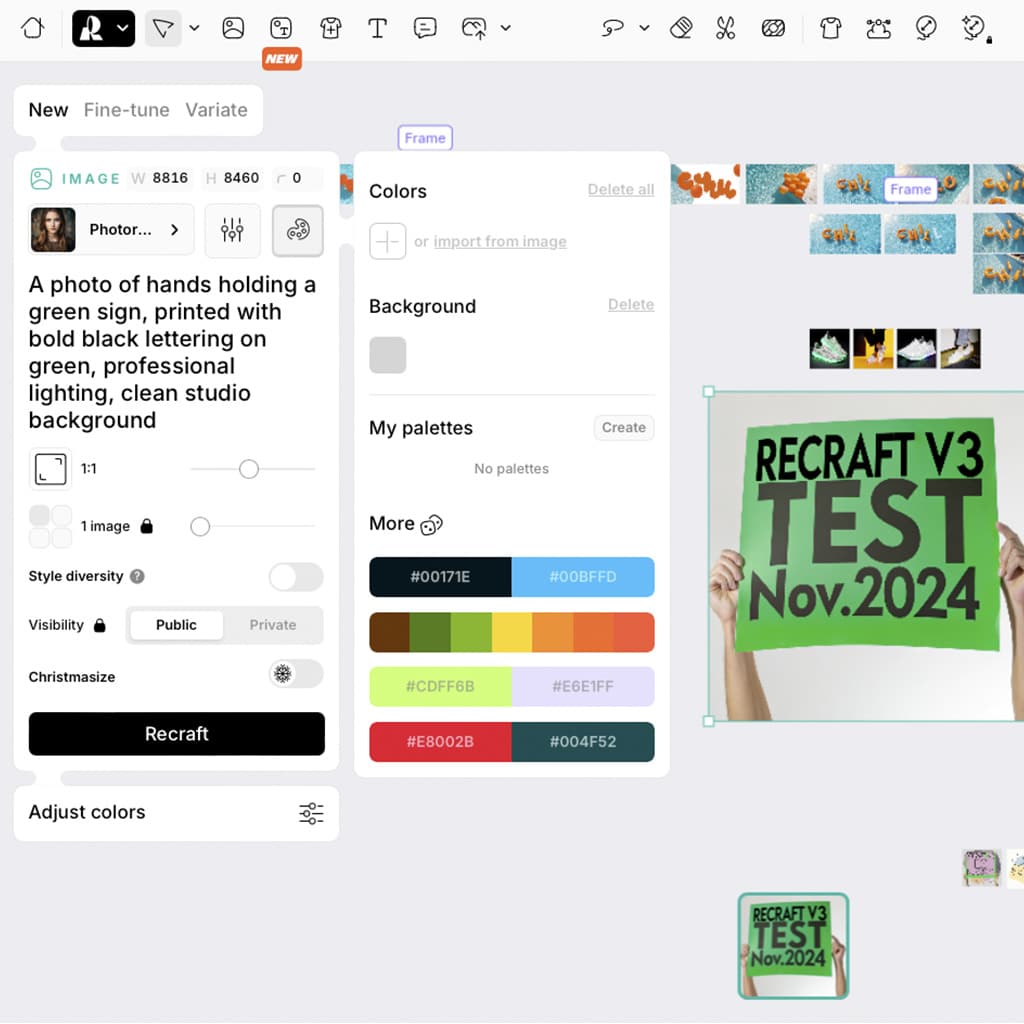 Screenshot eines Design-Tools mit einer Benutzeroberfläche zur Bildbearbeitung. Ein Bild zeigt Hände, die ein grünes Schild mit der Aufschrift „RECRAFT V3 TEST Nov. 2024“ in schwarzer Schrift halten. Links werden Werkzeuge zur Farbanpassung und Textbeschreibung angezeigt.