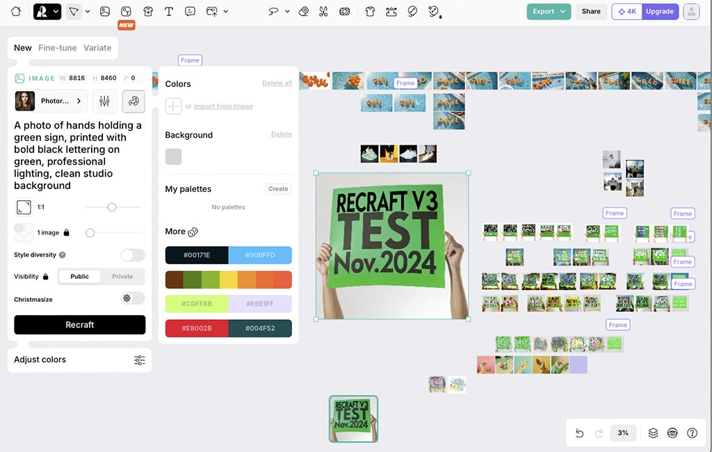 Interface eines Tools mit einem Bild von Händen, die ein grünes Schild mit "RECRAFT V3 TEST Nov. 2024" halten. Optionen zur Farbanpassung und Bildbearbeitung werden angezeigt.