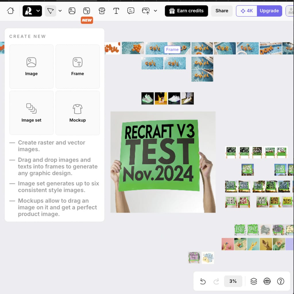 Screenshot eines Design-Tools mit der Funktion „Create New“. Im Zentrum ein Bild mit Händen, die ein grünes Schild mit der schwarzen Aufschrift „RECRAFT V3 TEST Nov. 2024“ halten. Links sind Optionen wie „Image“, „Frame“ und „Mockup“ zu sehen.