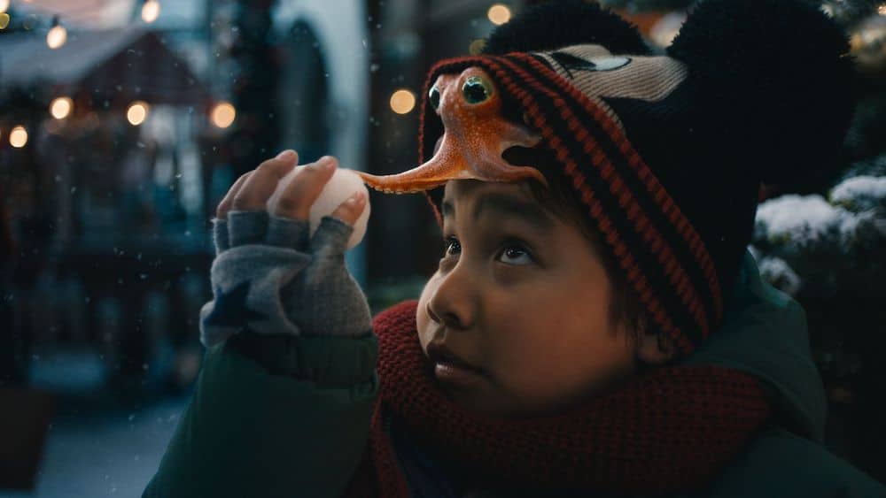 Junge hat einen kleinen orangenen Oktopus unter seiner Wintermütze, der hervorlugt und mit einem Tentakel Schneeball berührt