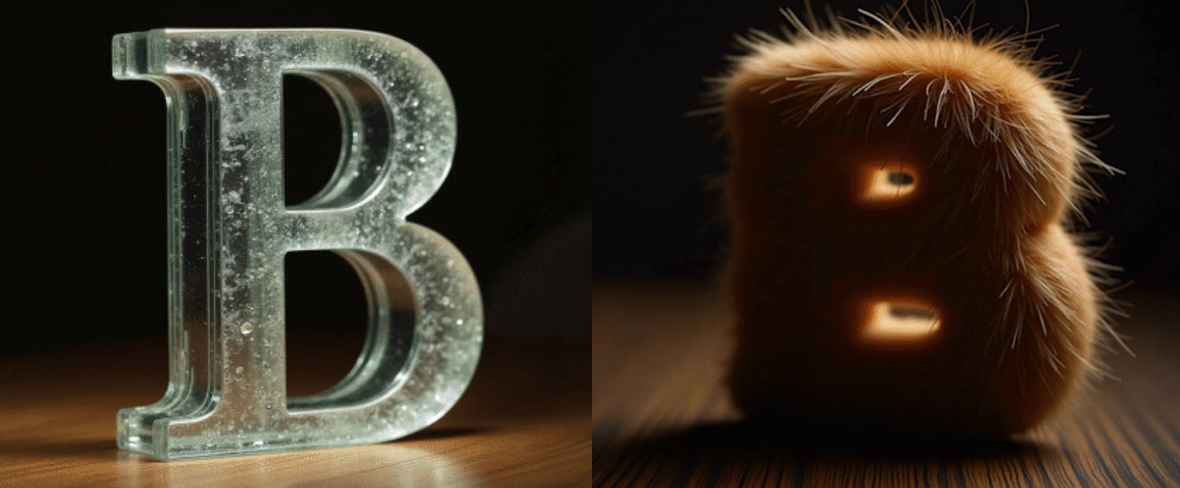 Zwei große Buchstaben »B«. Links in bläulich gerendertem Glas, rechts in flauschigen braunem Fell