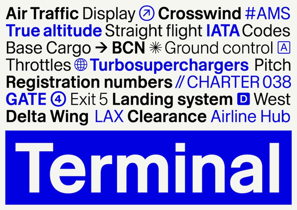 Schriftproben der Airport mit Sonderzeichen und Symbolen in Ziel eines Flughafen Leitsystems und dem Wort Terminal